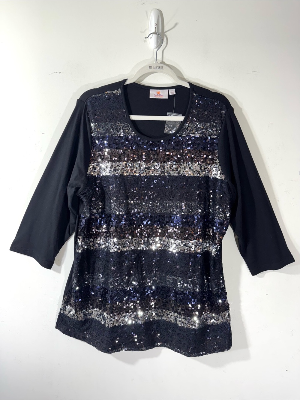 Quacker Factory Black Sequin Lace stripe 3/4 Sleeve Knit Top 1X A230735 NEW